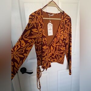 Zara Floral Wrap Blouse - Orange and Brown